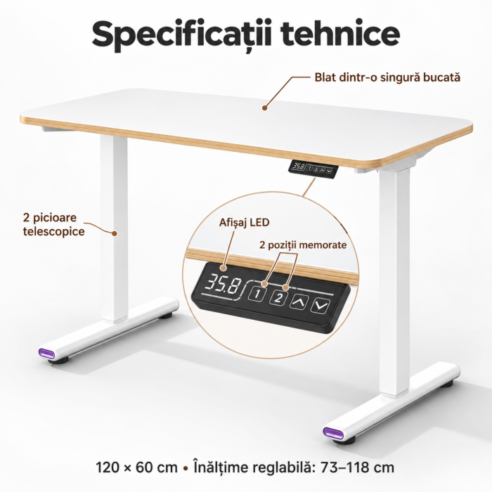 Birou electric reglabil VarioShop®, inaltime 73–118 cm, 2 pozitii de memorie, sistem anticoliziune, organizator cabluri, blat dintr-o singura bucata, 120x60 cm, alb [6]