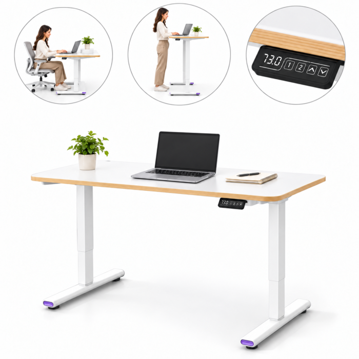 Birou electric reglabil VarioShop®, inaltime 73–118 cm, 2 pozitii de memorie, sistem anticoliziune, organizator cabluri, blat dintr-o singura bucata, 120x60 cm, alb [10]
