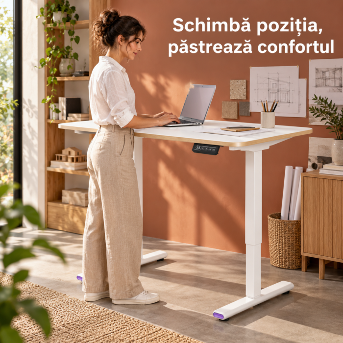 Birou electric reglabil VarioShop®, inaltime 73–118 cm, 2 pozitii de memorie, sistem anticoliziune, organizator cabluri, blat dintr-o singura bucata, 120x60 cm, alb [9]
