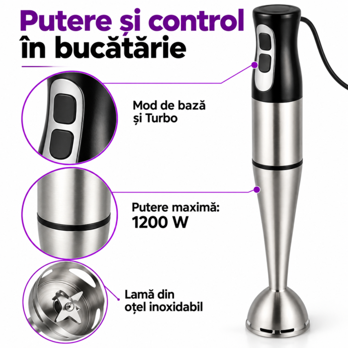 Blender de mana VarioShop®, tip mixer vertical, pentru smoothie-uri, supe, sosuri si piureuri, cu mod Turbo, lama din otel inoxidabil, 1200W, gri [2]