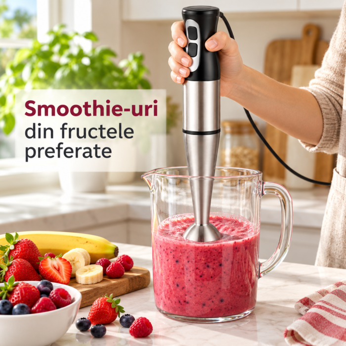 Blender de mana VarioShop®, tip mixer vertical, pentru smoothie-uri, supe, sosuri si piureuri, cu mod Turbo, lama din otel inoxidabil, 1200W, gri [3]