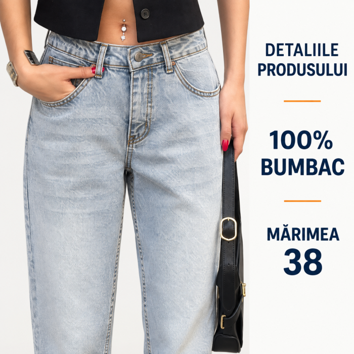 Blugi dama, 100% bumbac, talie joasa, croiala conica lejera, buzunare frontale, marimea 38, albastru-gri deschis [3]