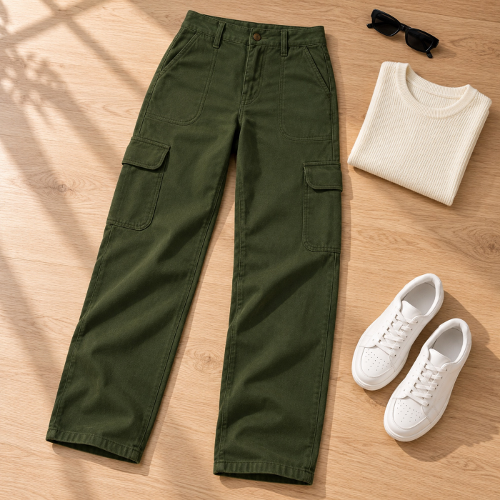 Blugi dama cargo VarioShop®, croiala dreapta, talie inalta, buzunare laterale cu clapeta, nasture si fermoar, verde militar, marimea XS [8]