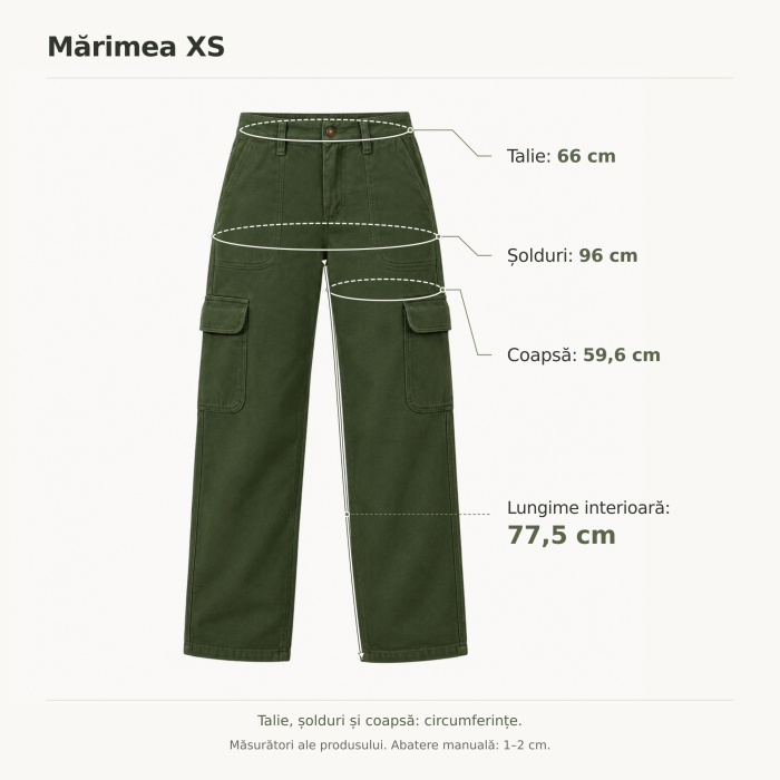 Blugi dama cargo VarioShop®, croiala dreapta, talie inalta, buzunare laterale cu clapeta, nasture si fermoar, verde militar, marimea XS [4]