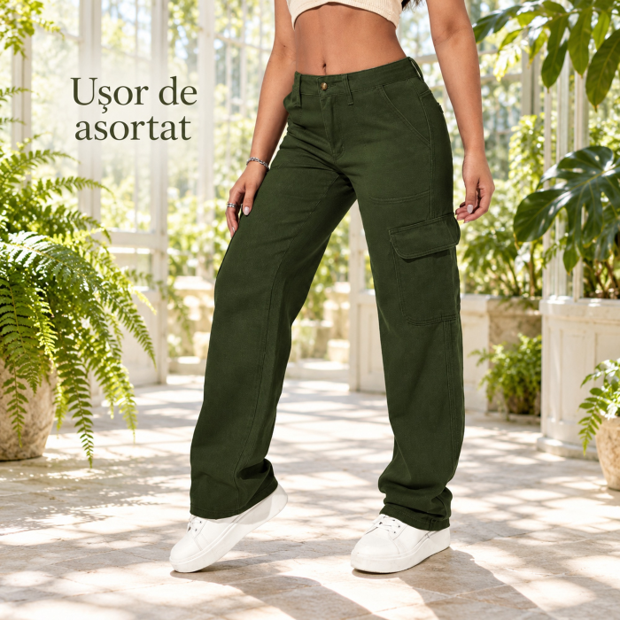 Blugi dama cargo VarioShop®, croiala dreapta, talie inalta, buzunare laterale cu clapeta, nasture si fermoar, verde militar, marimea XS [5]