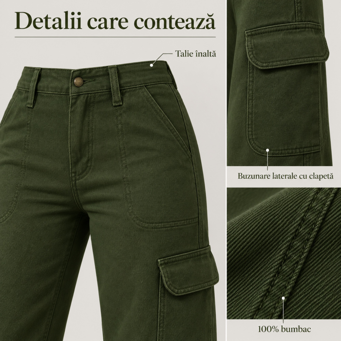Blugi dama cargo VarioShop®, croiala dreapta, talie inalta, buzunare laterale cu clapeta, nasture si fermoar, verde militar, marimea XS [6]