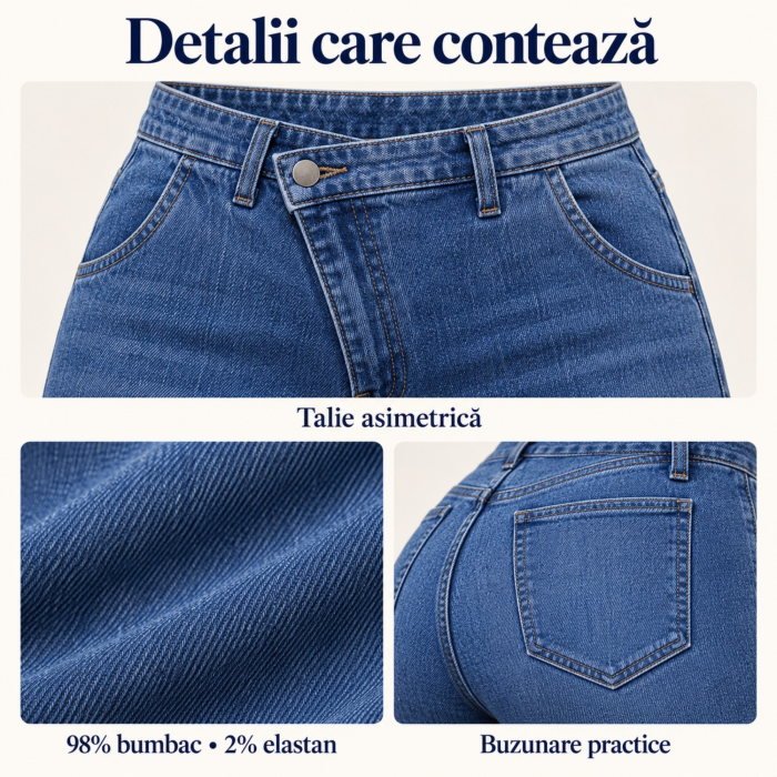 Blugi damă VarioShop®, croială evazată, talie înaltă asimetrică, aspect decolorat, buzunare față și spate, nasture și fermoar, albastru, mărimea 30 [6]