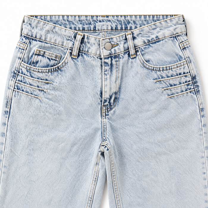 Blugi dama VarioShop®, croiala larga, 100% bumbac, efect prespalat, pliuri decorative, 5 buzunare, nasture si fermoar, albastru deschis, marimea 38 [5]