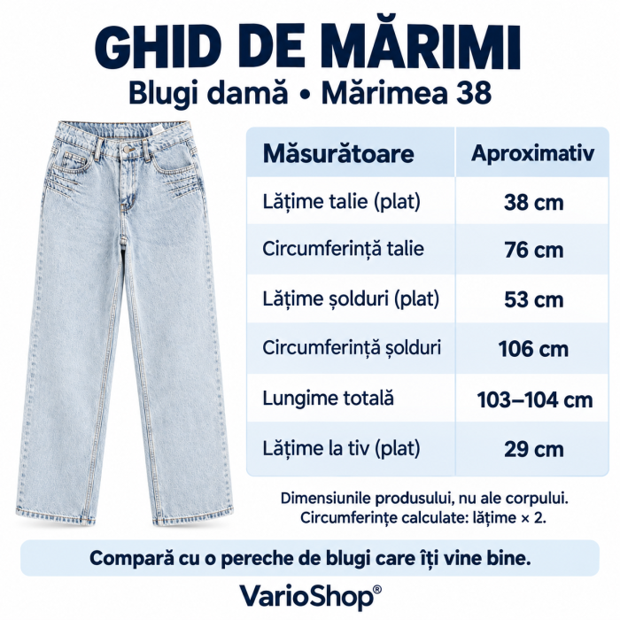 Blugi dama VarioShop®, croiala larga, 100% bumbac, efect prespalat, pliuri decorative, 5 buzunare, nasture si fermoar, albastru deschis, marimea 38 [7]