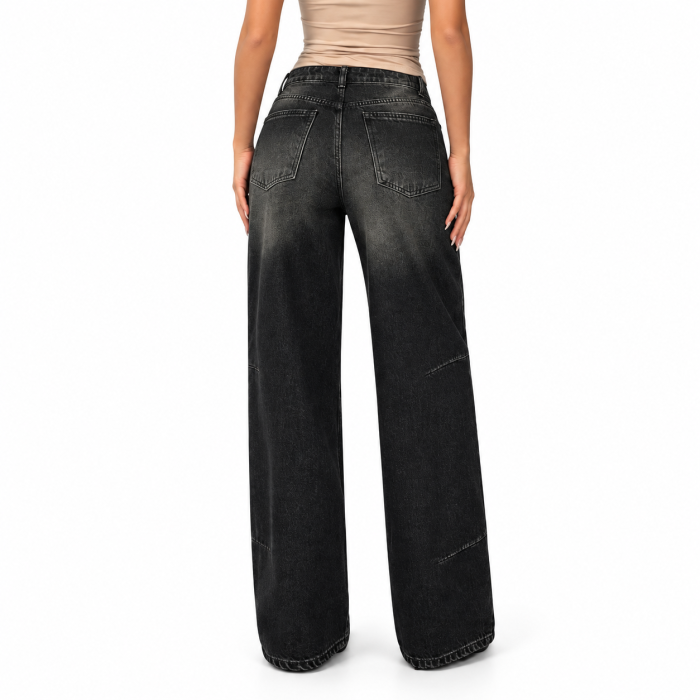 Blugi dama VarioShop®, croiala larga, denim 100% bumbac, efect prespalat, buzunare, nasture si fermoar, fara elasticitate, negru, marimea 36 [2]