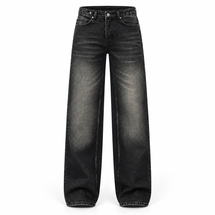 Blugi dama VarioShop®, croiala larga, denim 100% bumbac, efect prespalat, buzunare, nasture si fermoar, fara elasticitate, negru, marimea 36 [3]