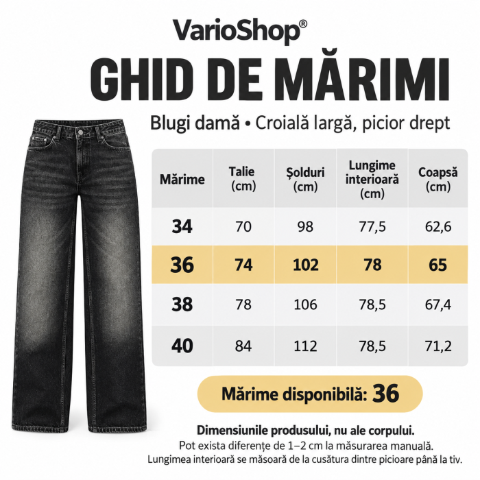 Blugi dama VarioShop®, croiala larga, denim 100% bumbac, efect prespalat, buzunare, nasture si fermoar, fara elasticitate, negru, marimea 36 [7]