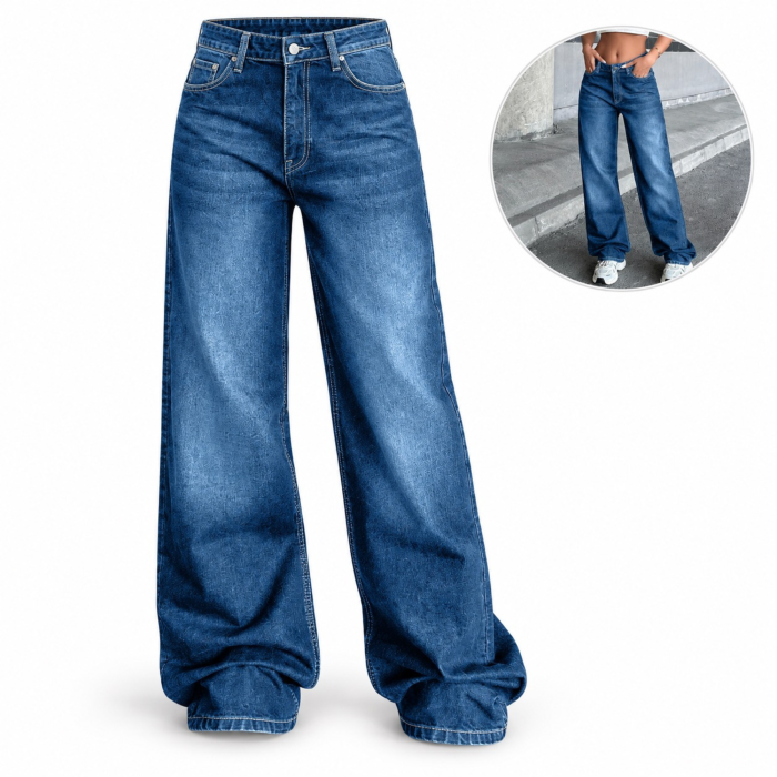 Blugi dama VarioShop®, croiala larga si lejera, 100% bumbac, aspect decolorat, buzunare frontale, nasture si fermoar, albastru, marimea 38 [2]