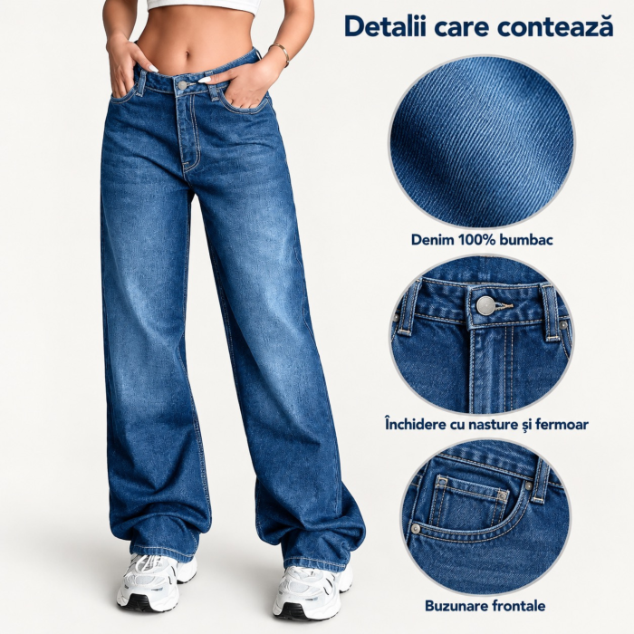 Blugi dama VarioShop®, croiala larga si lejera, 100% bumbac, aspect decolorat, buzunare frontale, nasture si fermoar, albastru, marimea 38 [7]