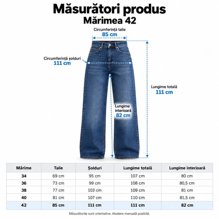 Blugi dama VarioShop®, croiala larga si lejera, 100% bumbac, efect prespalat, buzunare fata si spate, nasture si fermoar, marimea 42, albastru inchis [5]