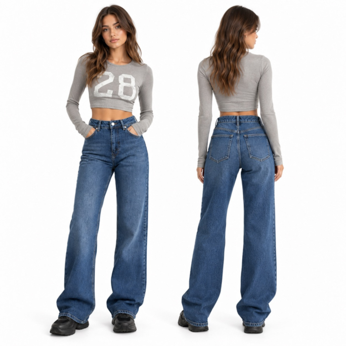 Blugi dama VarioShop®, croiala larga si lejera, 100% bumbac, efect prespalat, buzunare fata si spate, nasture si fermoar, marimea 42, albastru inchis [3]