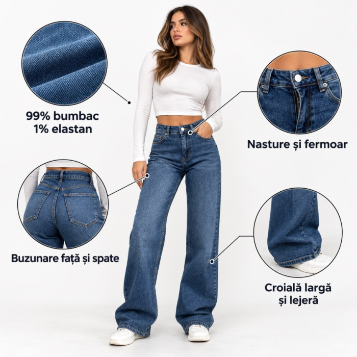 Blugi dama VarioShop®, croiala larga si lejera, 100% bumbac, efect prespalat, buzunare fata si spate, nasture si fermoar, marimea 42, albastru inchis [4]