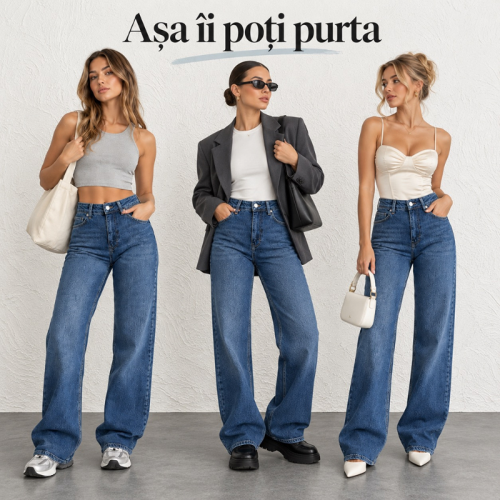 Blugi dama VarioShop®, croiala larga si lejera, 100% bumbac, efect prespalat, buzunare fata si spate, nasture si fermoar, marimea 42, albastru inchis [7]