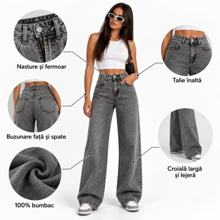 Blugi dama VarioShop®, croiala larga si lejera, talie inalta, 100% bumbac, efect prespalat, buzunare fata si spate, nasture si fermoar, marimea 27, gri [5]