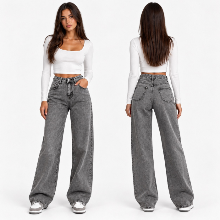 Blugi dama VarioShop®, croiala larga si lejera, talie inalta, 100% bumbac, efect prespalat, buzunare fata si spate, nasture si fermoar, marimea 27, gri [3]