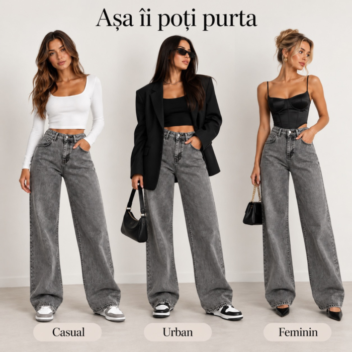 Blugi dama VarioShop®, croiala larga si lejera, talie inalta, 100% bumbac, efect prespalat, buzunare fata si spate, nasture si fermoar, marimea 27, gri [7]