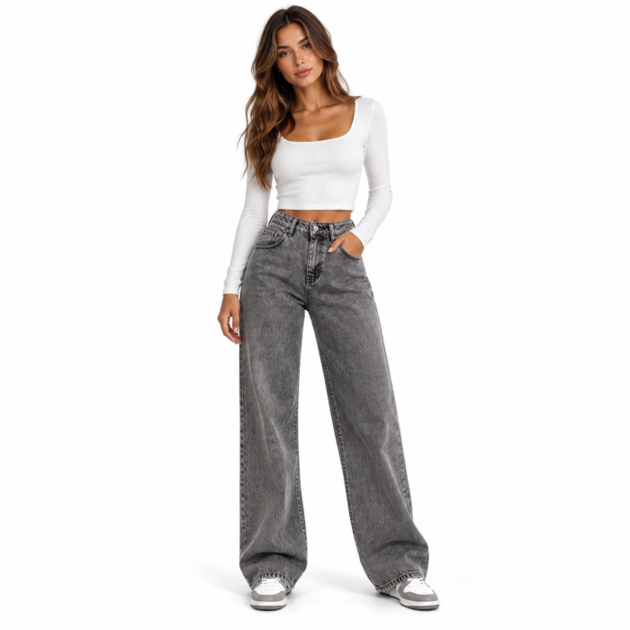 Blugi dama VarioShop®, croiala larga si lejera, talie inalta, 100% bumbac, efect prespalat, buzunare fata si spate, nasture si fermoar, marimea 27, gri [6]