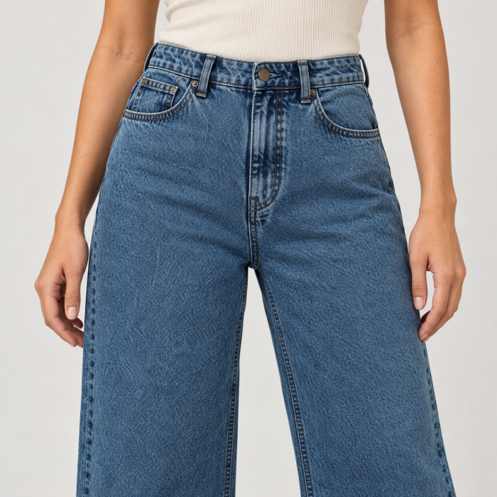 Blugi dama VarioShop®, croiala larga, talie medie, 100% bumbac, buzunare, inchidere cu nasture si fermoar, albastru prespalat, marimea S [3]