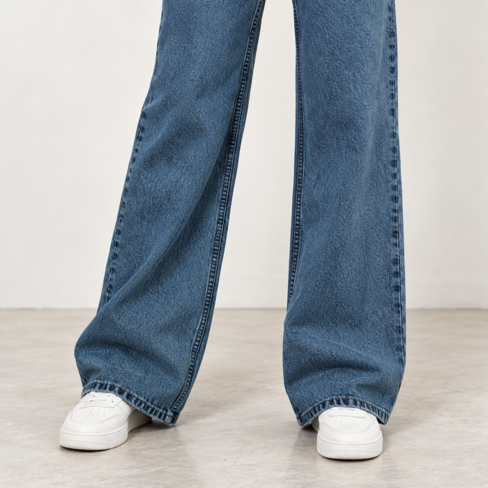 Blugi dama VarioShop®, croiala larga, talie medie, 100% bumbac, buzunare, inchidere cu nasture si fermoar, albastru prespalat, marimea S [4]