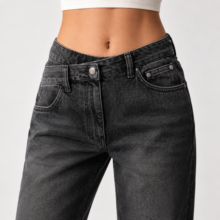 Blugi dama VarioShop®, pentru tinute casual, croiala dreapta, talie inalta, betelie asimetrica, denim 100% bumbac, negru prespalat, marime 36 [2]