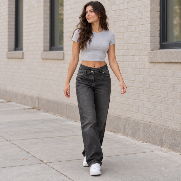 Blugi dama VarioShop®, pentru tinute casual, croiala dreapta, talie inalta, betelie asimetrica, denim 100% bumbac, negru prespalat, marime 36 [4]