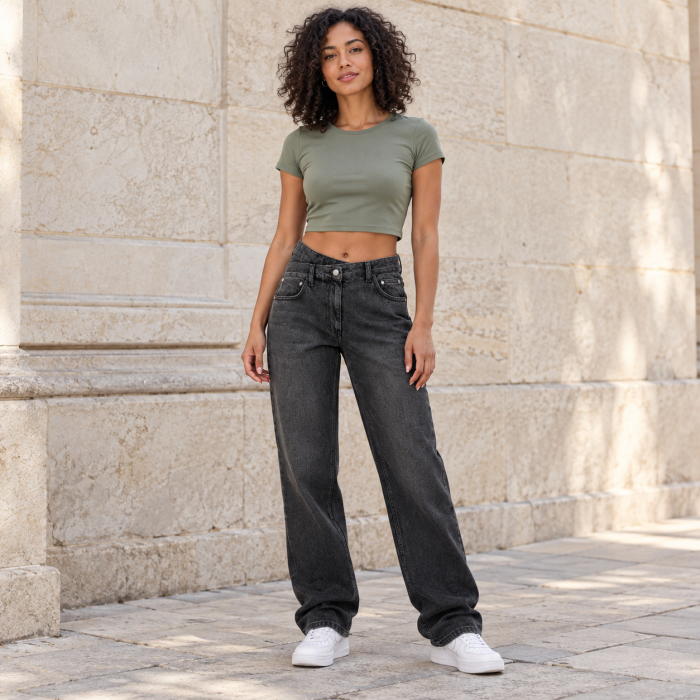 Blugi dama VarioShop®, pentru tinute casual, croiala dreapta, talie inalta, betelie asimetrica, denim 100% bumbac, negru prespalat, marime 36 [7]