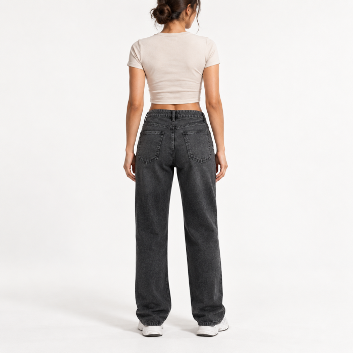 Blugi dama VarioShop®, pentru tinute casual, croiala dreapta, talie inalta, betelie asimetrica, denim 100% bumbac, negru prespalat, marime 36 [5]