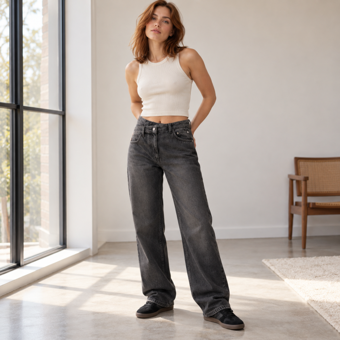 Blugi dama VarioShop®, pentru tinute casual, croiala dreapta, talie inalta, betelie asimetrica, denim 100% bumbac, negru prespalat, marime 36 [6]