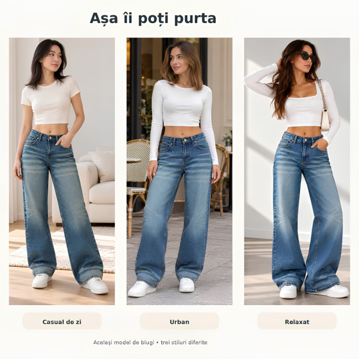 Blugi dama VarioShop®, pentru tinute casual, croiala dreapta, talie joasa, buzunare, denim 100% bumbac, efect prespalat, albastru, marime 34 [7]