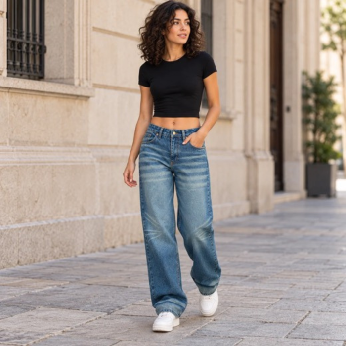 Blugi dama VarioShop®, pentru tinute casual, croiala dreapta, talie joasa, buzunare, denim 100% bumbac, efect prespalat, albastru, marime 34 [6]