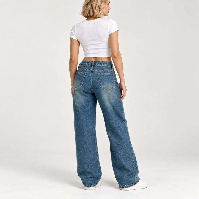 Blugi dama VarioShop®, pentru tinute casual, croiala dreapta, talie joasa, buzunare, denim 100% bumbac, efect prespalat, albastru, marime 36 [6]