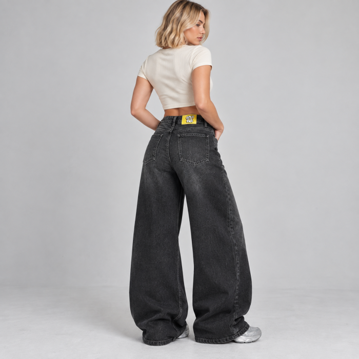 Blugi dama VarioShop®, pentru tinute casual, picior larg, lungime extra lunga, buzunare, denim 100% bumbac, nasture si fermoar, negru prespalat, marime 40 [4]