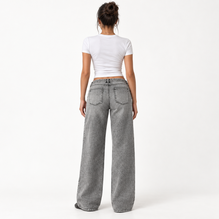 Blugi dama VarioShop®, pentru tinute casual, talie joasa, croiala larga, 5 buzunare, nasture si fermoar, denim 100% bumbac, gri prespalat, marime 36 [2]
