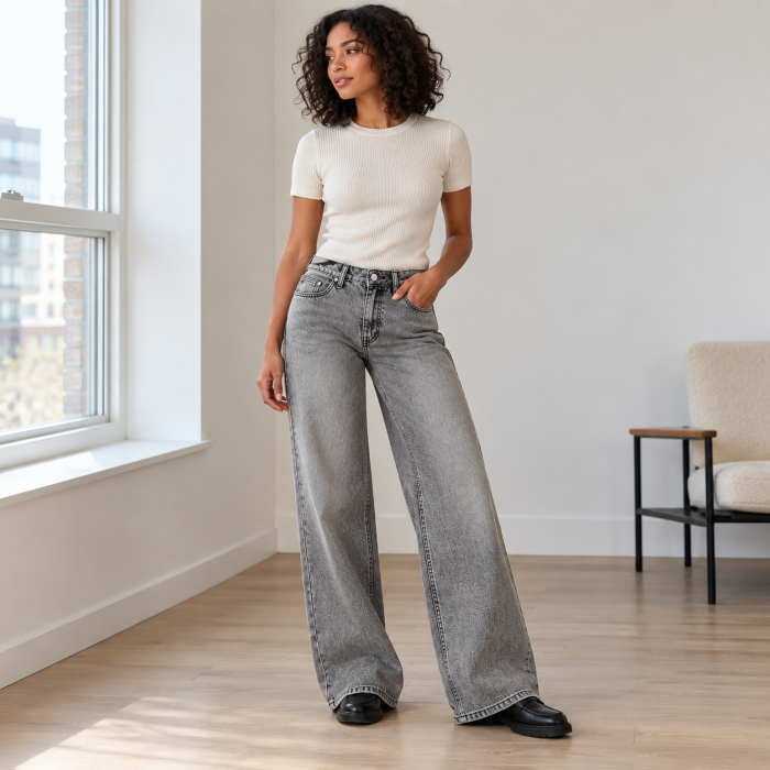 Blugi dama VarioShop®, pentru tinute casual, talie joasa, croiala larga, 5 buzunare, nasture si fermoar, denim 100% bumbac, gri prespalat, marime 36 [5]