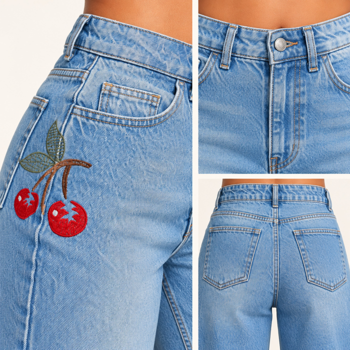 Blugi dama VarioShop®, talie inalta, croiala dreapta, broderie cu cirese, denim 100% bumbac, 5 buzunare, albastru prespalat, marimea 40 [3]