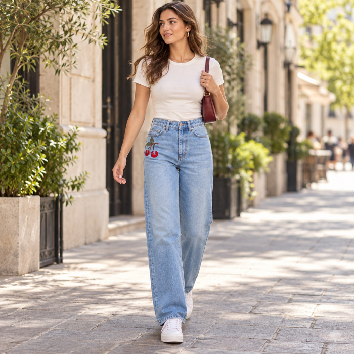 Blugi dama VarioShop®, talie inalta, croiala dreapta, broderie cu cirese, denim 100% bumbac, 5 buzunare, albastru prespalat, marimea 40 [6]
