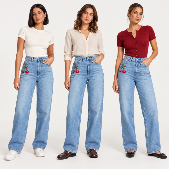Blugi dama VarioShop®, talie inalta, croiala dreapta, broderie cu cirese, denim 100% bumbac, 5 buzunare, albastru prespalat, marimea 40 [7]