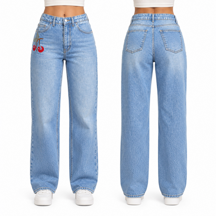 Blugi dama VarioShop®, talie inalta, croiala dreapta, broderie cu cirese, denim 100% bumbac, 5 buzunare, albastru prespalat, marimea 40 [2]