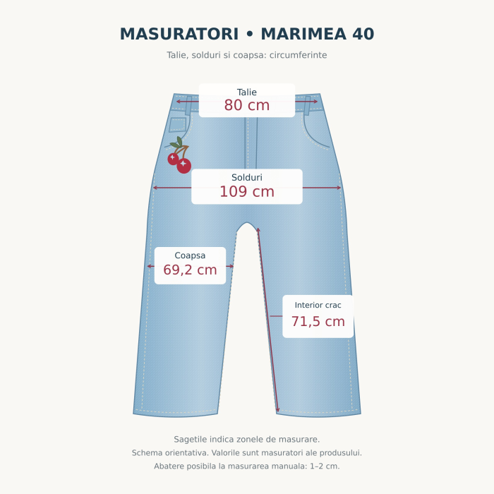 Blugi dama VarioShop®, talie inalta, croiala dreapta, broderie cu cirese, denim 100% bumbac, 5 buzunare, albastru prespalat, marimea 40 [4]