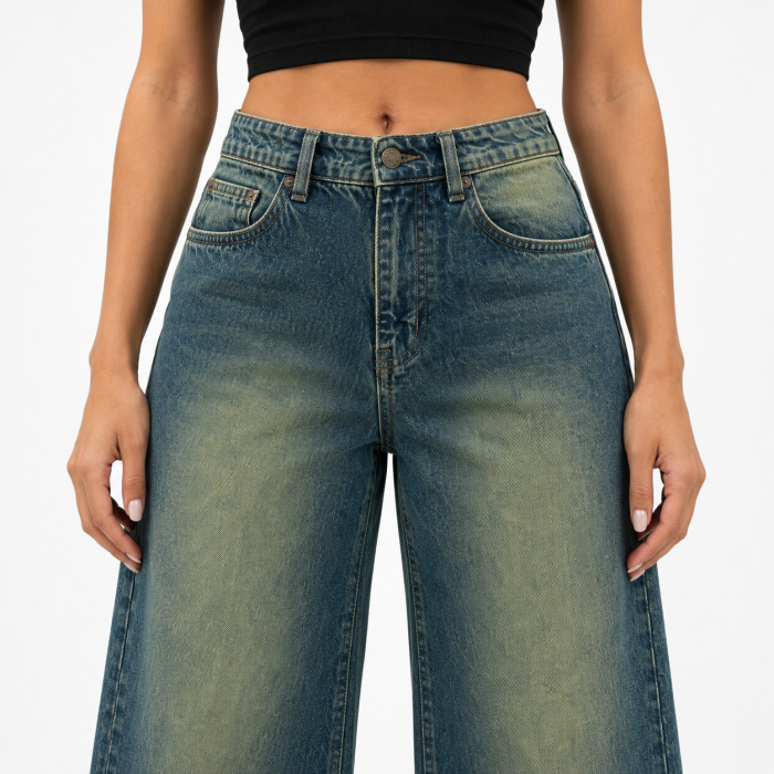 Blugi dama VarioShop®, talie inalta, croiala larga, 100% bumbac, efect prespalat, buzunare, nasture si fermoar, albastru cu tenta verzuie, marime 36 [5]