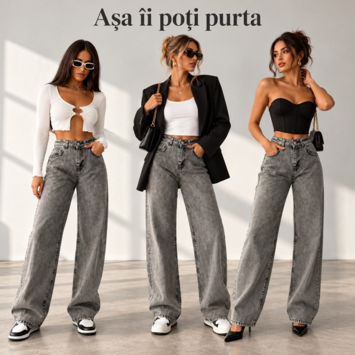 Blugi dama VarioShop®, talie inalta, croiala larga si lejera, aspect decolorat, buzunare fata si spate, nasture si fermoar, gri prespalat, marimea 29 [12]