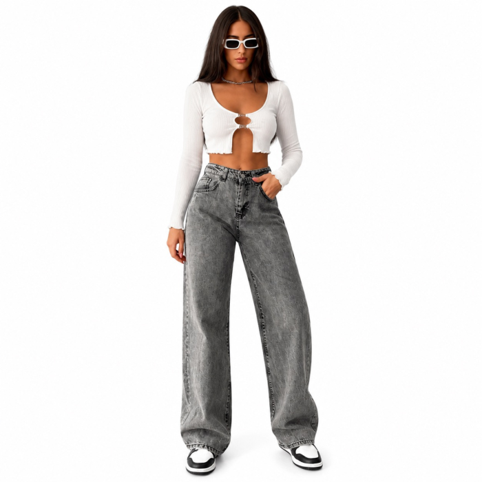 Blugi dama VarioShop®, talie inalta, croiala larga si lejera, aspect decolorat, buzunare fata si spate, nasture si fermoar, gri prespalat, marimea 29 [2]