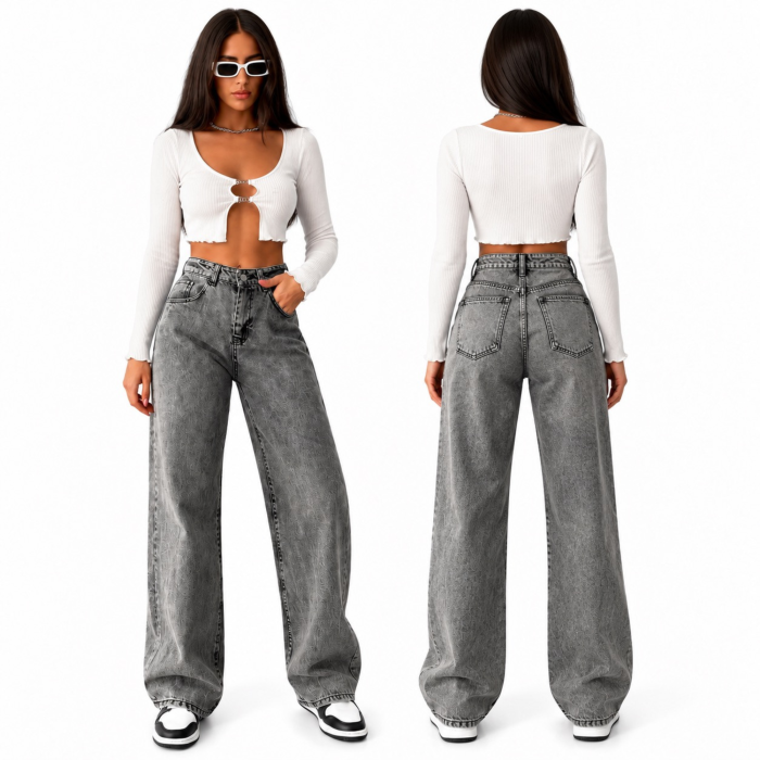 Blugi dama VarioShop®, talie inalta, croiala larga si lejera, aspect decolorat, buzunare fata si spate, nasture si fermoar, gri prespalat, marimea 29 [8]