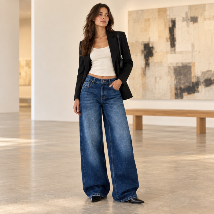 Blugi dama VarioShop®, talie joasa, croiala larga baggy, denim 100% bumbac, albastru prespalat, marimea 38 [2]
