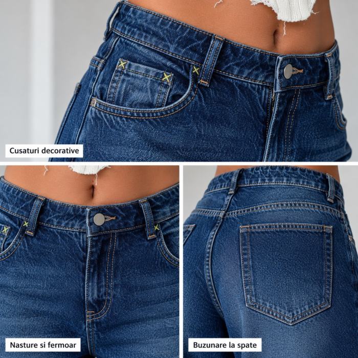 Blugi dama VarioShop®, talie joasa, croiala larga baggy, denim 100% bumbac, albastru prespalat, marimea 38 [6]